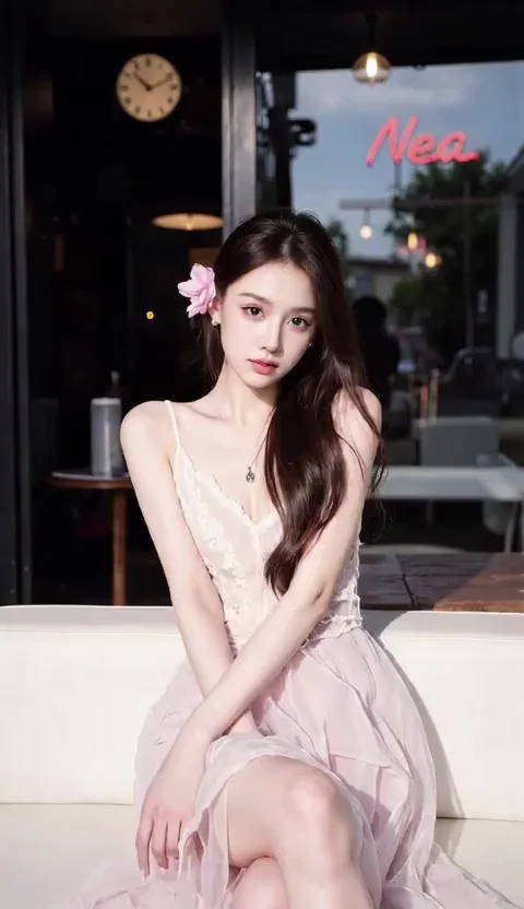 AI fashion video featuring a woman seated outside a cafe