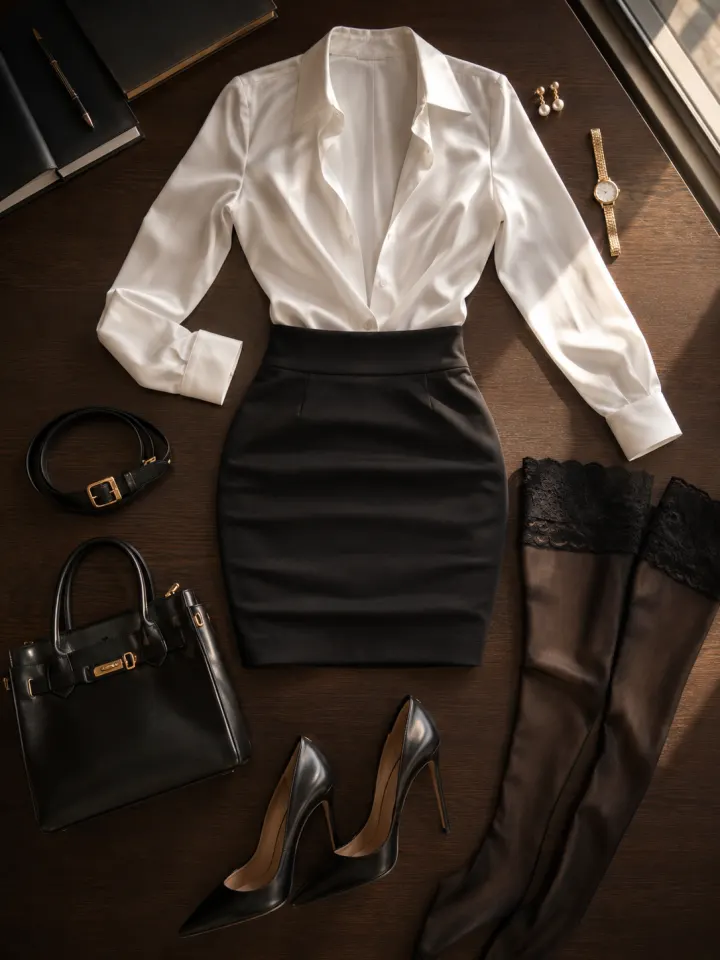 Original outfit flat-lay — silk blouse, black pencil skirt, lace-top stockings, stiletto pumps