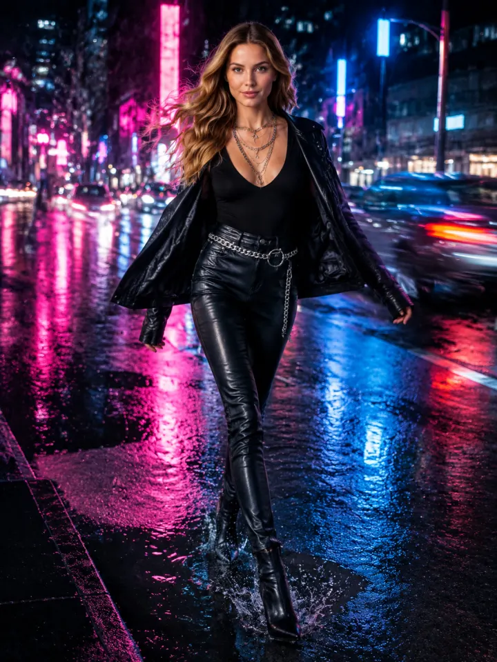 Kenva Design's AI virtual try-on: Motion try-on: leather bodysuit + jacket striding through ne
